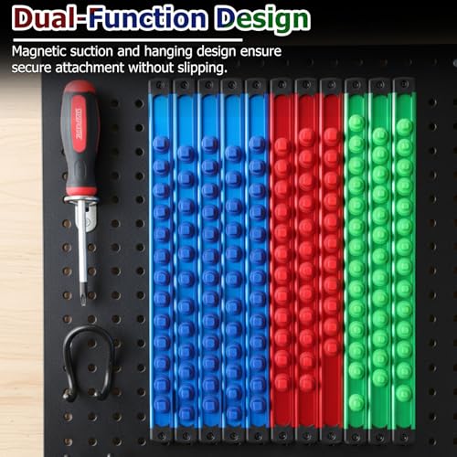 11 Pcs Magnetic Socket Organizer Set, 1/2", 1/4", 3/8" Magnetic Socket Rail for Tool Box Drawer, Socket Holder Magnetic with 148 Pcs Standard Size for Automotive Garage