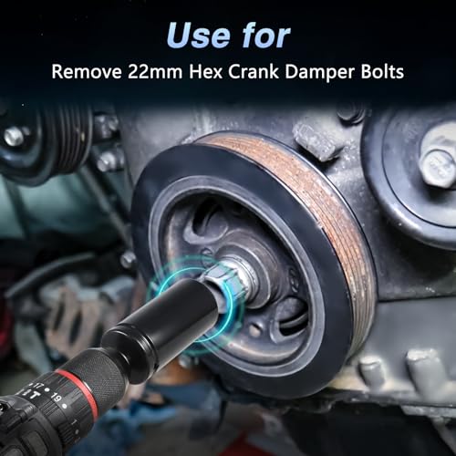 EVRBUL 22mm Harmonic Balancer Socket 1/2" Drive Metric 6 Point Impact Socket Heavy-Duty Deep Well Crank Bolt Wrench Crank Bolt Removal Tool Compatible with BMW Dodge Ford Jeep Kia Lexus Toyota Engines - size: 22MM