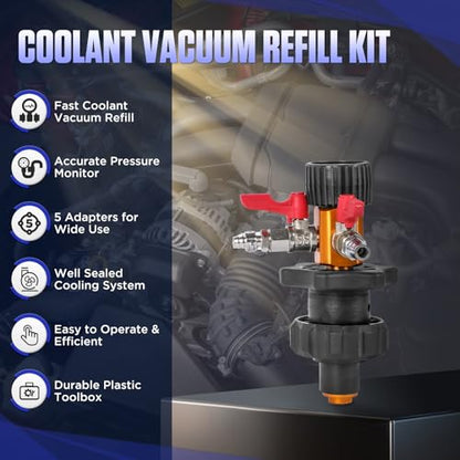 MR CARTOOL Coolant System Refill Kit, Automotive Vacuum Fill Coolant Tool Set with Pressure Gauge, 5 Adapters and Air Connectors, Antifreeze Change Tool for Testing Radiator and Heating Core Pipes