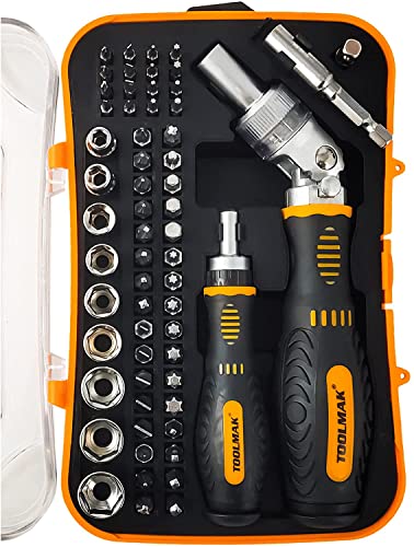 TOOLMAK 61pcs Ratcheting Screwdriver, Socket & Precision Bit Set | Cr-V Steel, Rotatable Handle, Storage Case Included, Ideal for Bike, Watch & Glasses Repair - style: 61pcs Ratchet Screwdriver