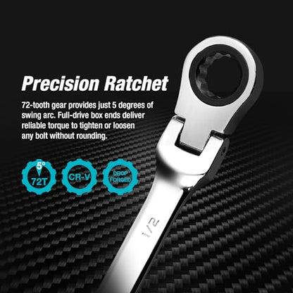 DURATECH 1/2" Flex-Head Ratcheting Combination Wrench | SAE, 72-Tooth, CR-V Steel - style: 1/2"