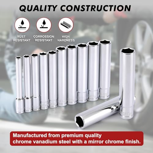 CASOMAN 12 PCS 3/8-Inch & 1/2-Inch Drive Extra Deep Socket Set with Storage Case, 6 Point, 8mm to 19mm, Metric, CR-V, Include Adapters