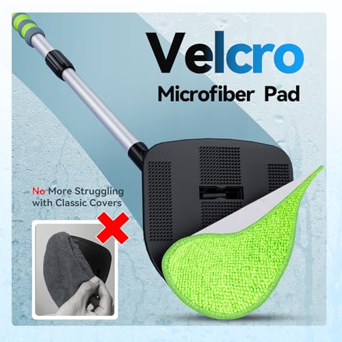 XINDELL Windshield Cleaner Tool, Car Window Cleaning Kit with 4 Reusable Microfiber Pads, Extendable Handle & 360° Rotating Head, Safety Hammer, Streak-Free Auto Glass Wiper for Car Truck SUV RV - color: Green