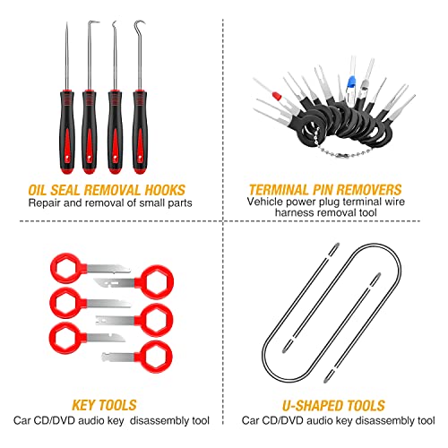 GOOACC 102Pcs Trim Removal Tool, Auto Terminal Removal Tool, Auto Clip Pliers Stereo Removal Tools, Car Upholstery Repair Pry Kit,Precision Hook and Pick Set, Round Handle Crowbar - color: 42Pcs Remover + 60Pcs Clips