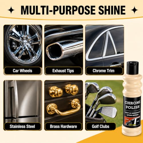 Chrome Polish & Metal Cleaner, 5.07 Fl Oz Metal Shine Restorer for Car Wheels, Rims, Exhaust Tips, Chrome Trim, Stainless Steel, Brass, Copper, Aluminum, Silver, Includes Sponge