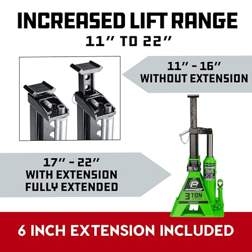 POWERBUILT 3 Ton All-in-One Hydraulic Bottle Jack and Jackstand in One, Compact, Wide Base, 11-21 Inch Range, Eliminates Jackstands, for Trucks, SUVs, RVs, Trailers, ASME, Not for Sedans - 640912 - color: green