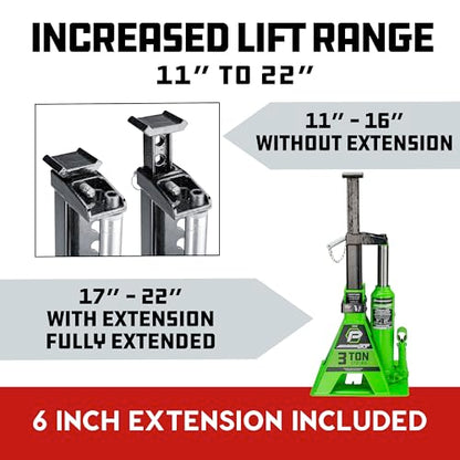 POWERBUILT 3 Ton All-in-One Hydraulic Bottle Jack and Jackstand in One, Compact, Wide Base, 11-21 Inch Range, Eliminates Jackstands, for Trucks, SUVs, RVs, Trailers, ASME, Not for Sedans - 640912 - color: green