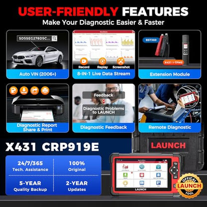 LAUNCH X431 CRP919E Bidirectional Scan Tool,35+ Reset ECU Code OBD2 Scanner | 4000+ Active Tests as CRP919EBT, 2026 All-in-One Full System Car Scanner, CANFD / DoIP /FCA, BST360 & i-TPMS, 200+ Car Brands
