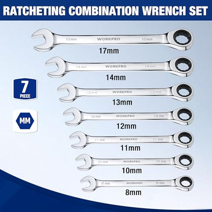 WORKPRO Ratcheting Wrench Set, Metric, 7-piece Ratcheting Combination Wrench Set, 8mm, 10mm, 11mm, 12mm, 13mm, 14mm, 17mm, 12-Point, CR-V Steel, with Organizer Rack - size: 7-piece, style: Metric