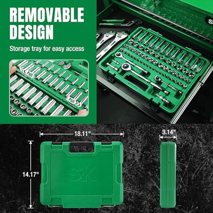 SK Mechanics Tool Set, 1/4'' & 3/8'' & 1/2'' Drive Sockets, SAE & Metric | 149-Piece Tool Kit with 216-P Quick-Release Ratchet, SuperKrome Finish, Heat Treated, with Storage Suitcase