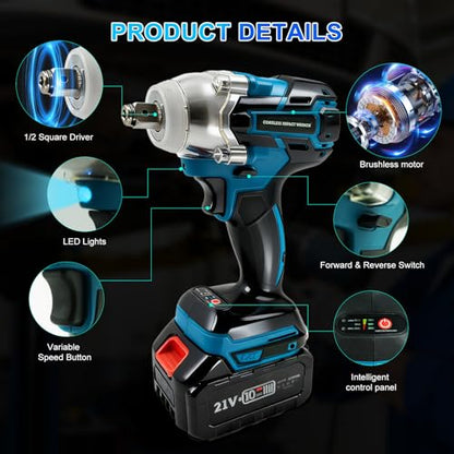 Cordless Impact Wrench, 1/2 Inch Brushless Impact Gun, 320N.m High Torque Impact Driver Set with 2 x 21V Batteries for Automotive/RV, Truck Repair & Maintenance