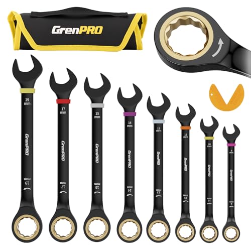 GRENPRO Ratcheting Wrench Set Metric And Standard, 9PC 8-19 mm 72Th Long Big Box Open End Ratchet Wrenches Organizer With Color Ring With Roll Up Pouch With 1 Gauge, Large Combination Wrench Tool Sets - style: 9PC Metric Ratchet Wrenches Set With Color Ri