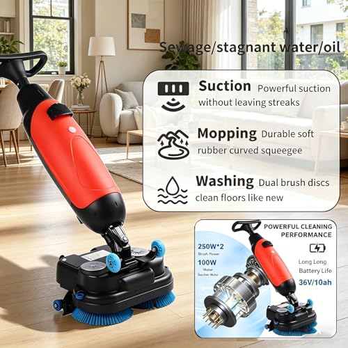 Cordless Mini Floor Scrubber - Professional Hard Floor Cleaner, 90-120 Min Battery Life, Portable Carpet Extractor for Home & Car, Efficient & Easy to Use, Red