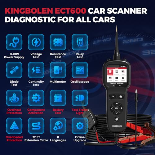 KINGBOLEN ECT600 Automotive Power Circuit Probe Tester with Battery/Relay/Fuel Inject Test, 12-24V Electrical Short/Open Circuit Finder, AC/DC Voltage,Component Activation, Oscilloscope Display,36FT | 12-24V Electrical Short/Open Circuit Finder Relay Fuel