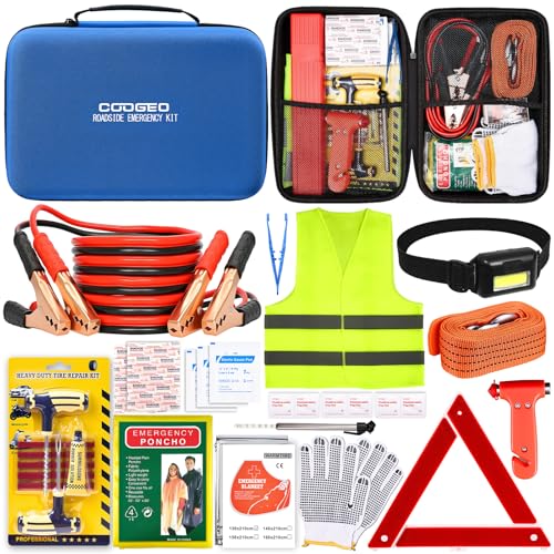 15PC Car Emergency Kit with Jumper Cables, Roadside Assistance Safety Kit for Auto & Truck, Includes Safety Hammers, Tow Strap, Warning Triangle, First Aid, Gifts for Young Men or Women, Blue - color: Blue, size: 15 Pcs