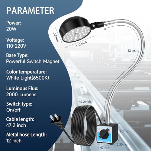 Magnetic Work Light, 2000 Lumens LED Mechanic Light | Strong Magnet Base, 12-inch Flexible Gooseneck, For Workbench, Wood Lathe, Sewing Machine, Grill