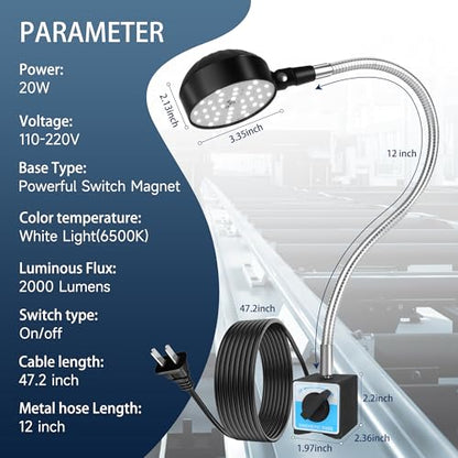 Magnetic Work Light, 2000 Lumens LED Mechanic Light | Strong Magnet Base, 12-inch Flexible Gooseneck, For Workbench, Wood Lathe, Sewing Machine, Grill