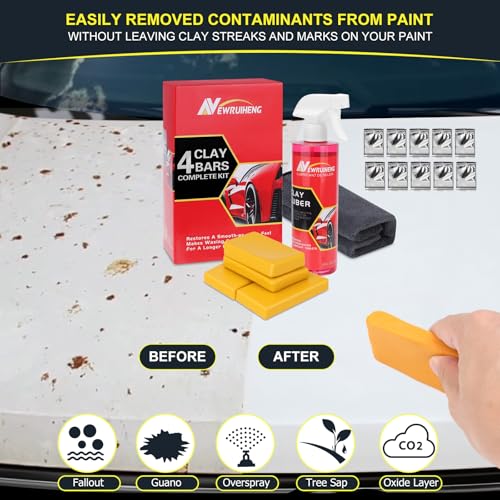Car Clay Bars Auto Detailing and Clay Synthetic Lubricant Kit with 4 PCS Clay Bars, Clay bar Lubricant Tablets 10 Pack, Spray Bottle and Microfiber Towel for Car Detailing Cleaning