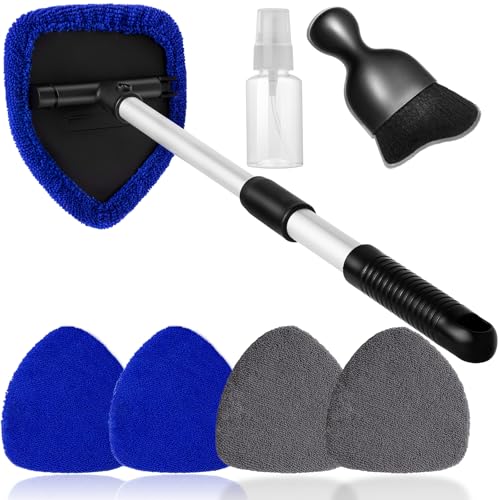 Qydipclin 7pcs Windshield Cleaner Tool Car Window Cleaning Wash Kit with 4 Reusable Microfiber Pads 1 Spray Bottle and Extendable Handle Auto Glass Wiper Kit, Blue&Gray - color: Blue & Gray