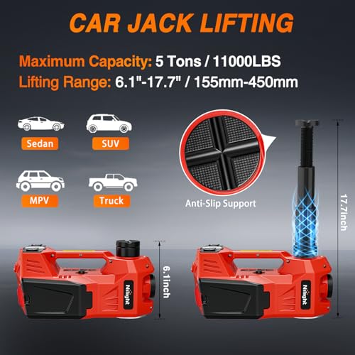 Nilight Electric Car Jack Hydraulic 5 Ton 12V Electric Jack with Inflatable Pump LED Light 3 in 1 Portable Electric Hydraulic Floor Jack for Car Tire Change Sedan SUV MPV Truck Emergency Kit, Orange - size: 5 T w Inflatable Pump