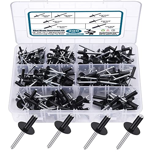 SATANTECH 200PCS Black Rivets Pop Rivets Assortment Kit, Large flange Aluminum Rivets(1/8" 3/16" 1/4") Assorted Blind Rivets with Case - color: Black