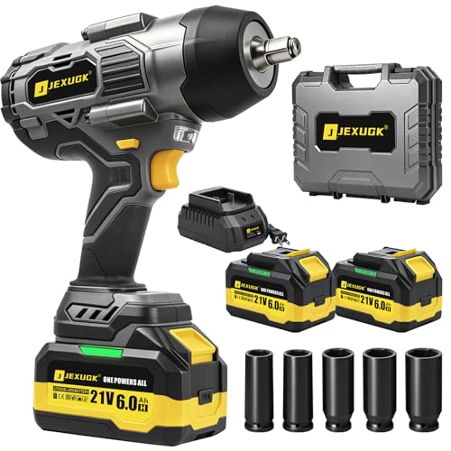 JEXUGK 2200Nm Cordless Impact Wrench, 1/2" Electric Impact Gun with 2 x 6.0Ah Batteries, 21V Brushless High Torque Impact Wrench with 5 Pneumatic Sockets, Impact Driver for Truck Tire Lug Nut Removal