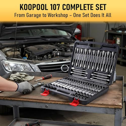107-Piece Master Torx & Allen Bit Socket Set, S2 Steel, 1/4" 3/8" 1/2" Drive, Long Torx, Ball End Hex, Tamper-Resistant Star, E-Star Sockets, SAE & Metric (Chrome-Polished Set)