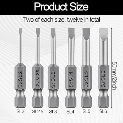 12Pcs Magnetic Screwdriver Bit Set, 1/4 Inch Hex Shank Flat Head Slotted Drill Bits, 2 Inch Length Screwdriver Bits SL2 SL2.5 SL3 SL4 SL5 SL6 for Power Drill Impact Driver