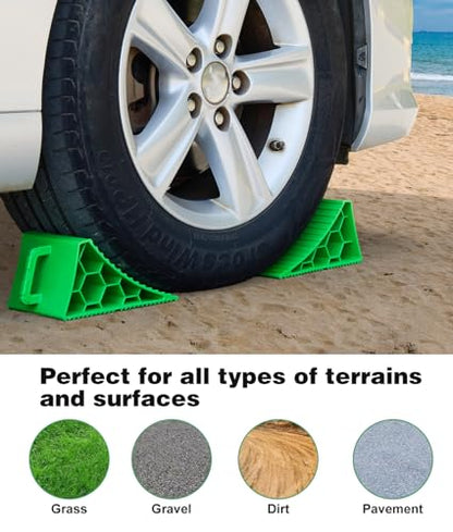 PAHTTO Wheel Chocks 4 Pack, RV Chocks with Handles for RV Trailer Camper Car Truck, Wheel Block Stopper for Tire, Strong RV Wheel Chocks Hexagonal Honeycomb Structure, RV Trailer Accessories, Green - color: Green