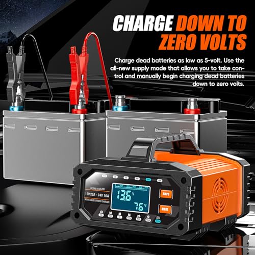 2026 Upgraded 0.5/2/5/10/15/20Amp Adjustable Current Battery Charger, 12V/24V Smart Car Battery Trickle Charger Maintainer w/Auto Shutoff, Desulfator, for LiFePO4 AGM, STD, Gel, Deep Cycle Batteries