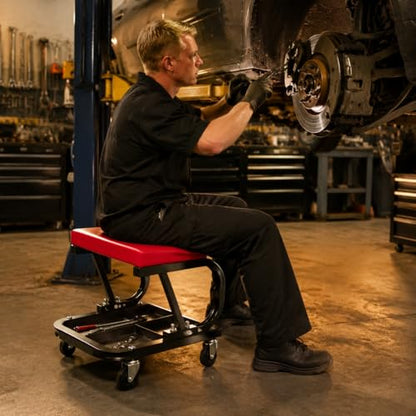 Rolling Creeper Garage/Shop Seat, Padded Rolling Workshop Stool Garage Shop Stool with Divided Tool Storage Tray for Auto Repair Workshop Home Maintenance, 300 Lbs Capacity