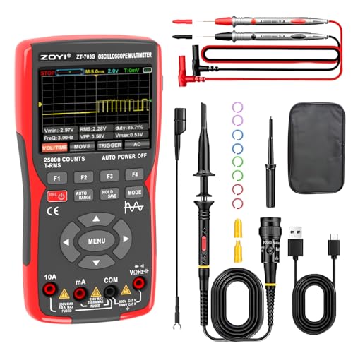 ZT-703S 3 in 1 Handheld Oscilloscope Automotive Dual Channel 50MHz with Digital Multimeter and Signal Generator, 3400mAh for Electronics/Education