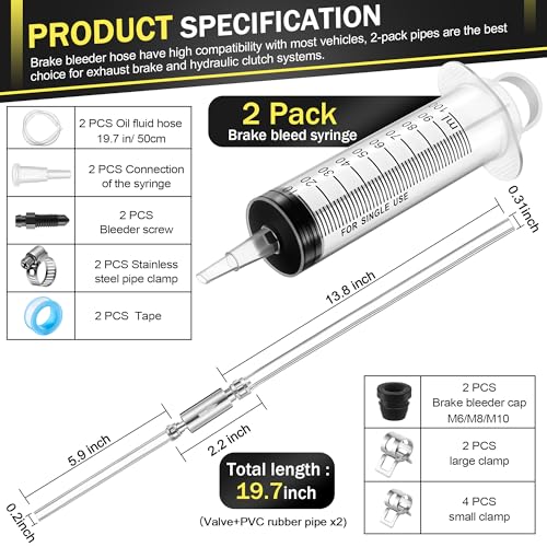 Meonum 2 Pack Brake Bleeder Kit, Hydraulic Disc Clutch Bleeding Kit 100ML 50cm Hose Oil Fluid&Brake Bleeder Hose with One Way Check Valve for Hydraulic System Bleeding, Quads System Repair Maintenance