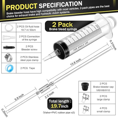Meonum 2 Pack Brake Bleeder Kit, Hydraulic Disc Clutch Bleeding Kit 100ML 50cm Hose Oil Fluid&Brake Bleeder Hose with One Way Check Valve for Hydraulic System Bleeding, Quads System Repair Maintenance