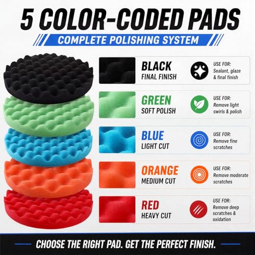 Marsui 9 Pcs Polishing Pads Kit 8 Inch Waffle Foam Buffing Pads 7 Inch Wool Pad Car Foam Buffing Sponge Pad Kit with 5/8 Inches Backing Plate for Car Waxing Polishing