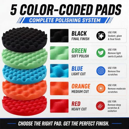 Marsui 9 Pcs Polishing Pads Kit 8 Inch Waffle Foam Buffing Pads 7 Inch Wool Pad Car Foam Buffing Sponge Pad Kit with 5/8 Inches Backing Plate for Car Waxing Polishing
