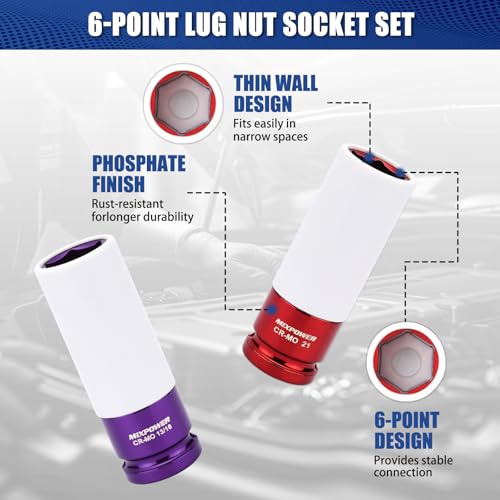 MIXPOWER 5 Pieces 1/2" Drive Wheel Protector Impact Socket Set, CR-MO, Metric/SAE, Thin Wall Deep Impact Socket Set, 6 Point, Color-Coded, 17mm, 19mm, 21mm, 13/16", 7/8" - size: 17 mm, 19 mm, 21 mm, 20.64 mm, 22.23 mm