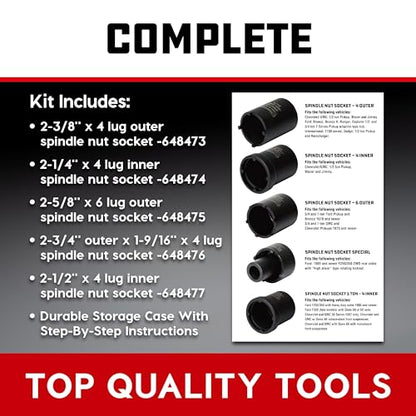 Powerbuilt Spindle Nut Socket Tool Kit, 5 Piece, Remove Spindle Nuts, Various Size Lug Out Spindle Sockets, Size Markings, Storage Case - 648636, Black - style: Spindle Nut Socket Set
