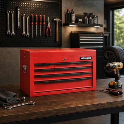 ARNOT Large Metal Tool Box, Tool Box with 6 Drawers & Top Tray, Heavy-Duty Steel Tool Chest with Auto-Locking Drawers and Side Handles for Garage & Workbench, Red - color: Red