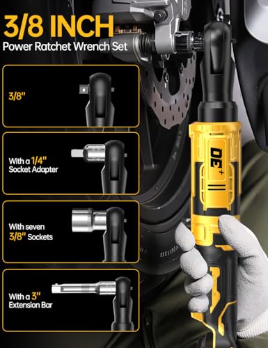 APEXPOWER 3/8 Inch Cordless Ratchet Wrench for DEWALT 20V Battery, 88Ft-Lbs, 0-400RPM, Electric Wrench Ratchet w/Variable Speed Trigger, Reinforced Head, R&F Switch, 7 Sockets,3/8" to 1/4" Adapter