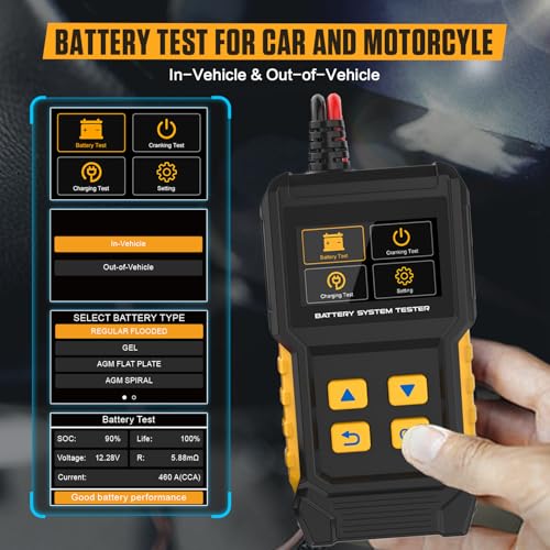 BT360 Car Battery Tester 12V 24V 30-2000 CCA Load Tester Starter Alternator Tester Automotive Charging Cranking System Tester for Motorcycle Car Truck SUV ATV Boat