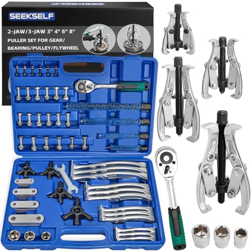 3" 4" 6" 8" Gear Puller Set, 2-Jaw/3-Jaw Bearing Puller Kit with Ratchet Wrench, Heavy Duty Pulling Tool, Reversible Jaw for Internal External Flywheel Gear Pulley Bearing Rotor Removal