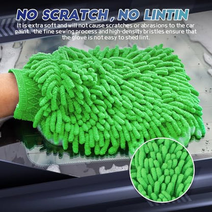 wuyaoyao 2PCS Car Wash Mitt, 10.14"×7.12" Chenille Microfiber Car Wash Mitts, Scratch-Free & Lint-Free, Absorbent Double Sided Clean Glove for Cars Cleaning, Auto Cleaning Supplies (Green) - color: Green