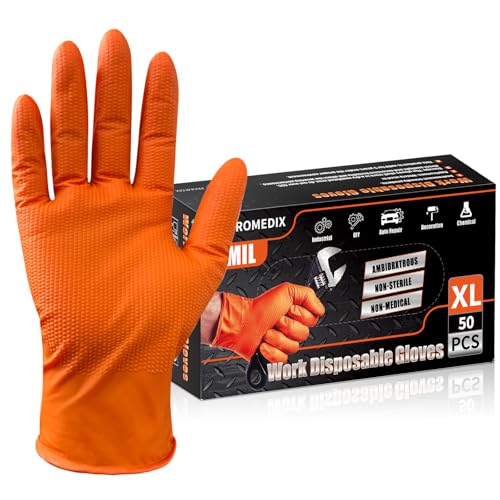 PROMEDIX P Heavy Duty Nitrile Disposable Gloves,8-mil Orange,Raised Diamond Texture Work Gloves，Industrial Work gloves - color: 8mil Orange 50, size: Large