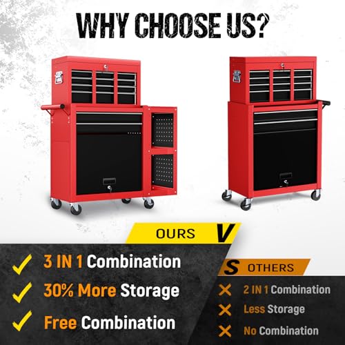8-Drawer Rolling Tool Chest,3-in-1 Tool Box on Wheels with Lockable Steel Garage, Detachable Top Toolbox & Bottom Storage Cart with Additional Cabinet for Repair Room,Warehouse, 2026 Red - size: Large-Red