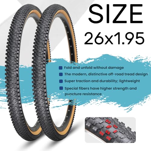Hycline 2-Pack Mountain Bike Tires Set: 20/24/26/27.5-inch Folding Replacement High-Performance Wear-Resistant Bicycle Tires and Pair Inner Tubes with Tire Levers for MTB Off-Road Bike - color: 26x1.95-60TPI（Skinwall）