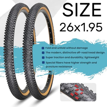Hycline 2-Pack Mountain Bike Tires Set: 20/24/26/27.5-inch Folding Replacement High-Performance Wear-Resistant Bicycle Tires and Pair Inner Tubes with Tire Levers for MTB Off-Road Bike - color: 26x1.95-60TPI（Skinwall）