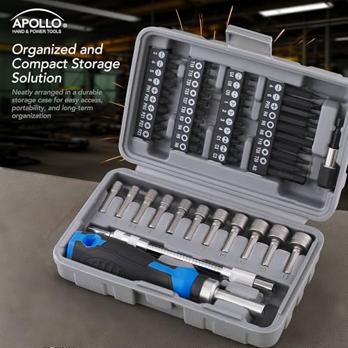 Apollo Tools 54-Piece Screwdriver & Nut Driver Bit Set – Ratcheting Handle, Flexible Extension, Metric Nut Drivers, Specialty Bits for Household, Automotive, & Appliance Repairs, Blue/Gray DT9025