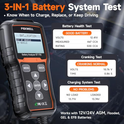 FOXWELL BT705 Car Battery Tester 24V 12V, Professional Alternator Tester, Automotive 100-2000CCA Load Tester, Digital Cranking Charging System Analyzer with High Accuracy for Trucks, RVs & Boats
