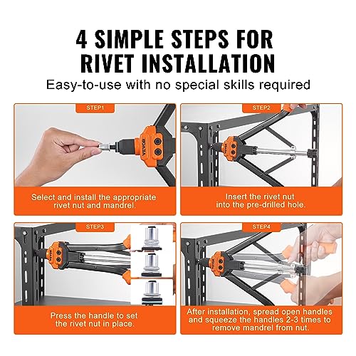 VEVOR Rivet Nut Tool, 16 inch Rivnut Tool Kit with 13PCS Metric and SAE Mandrels, 186PCS Rivet Nuts, Semi-auto Retraction, M3, M4, M5, M6, M8, M10, M12, 1/4-20, 5/16-18, 3/8-16, 1/2-13, 8-32, 10-24 - size: 16"-AUTO, style: RIVET NUT TOOL